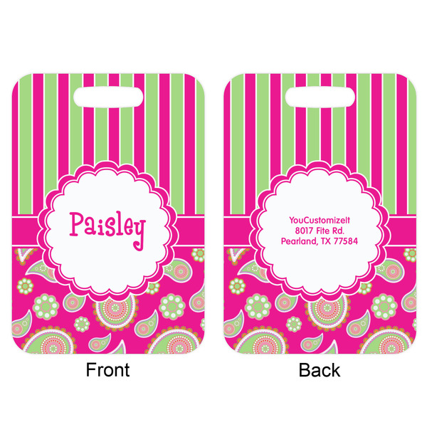 Pink & Green Paisley and Stripes Aluminum Luggage Tag (Front + Back)