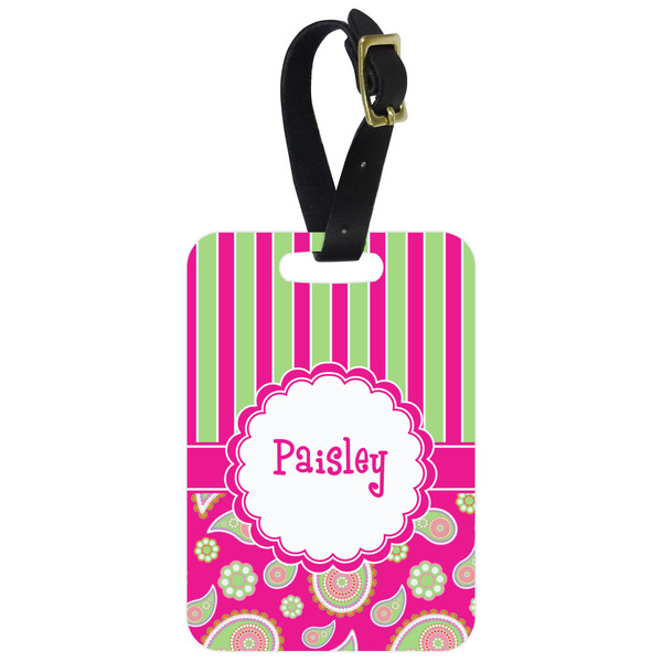 Custom Pink & Green Paisley and Stripes Metal Luggage Tag w/ Name or Text