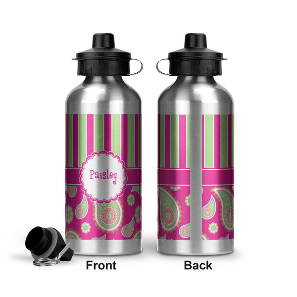 Pink & Green Paisley and Stripes Aluminum Water Bottle - Front and Back