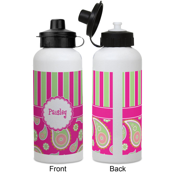 Pink & Green Paisley and Stripes Aluminum Water Bottle - White APPROVAL