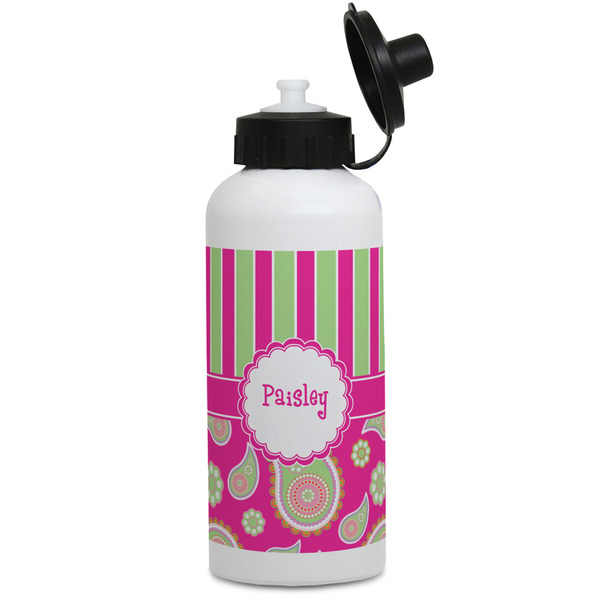 Custom Pink & Green Paisley and Stripes Water Bottles - Aluminum - 20 oz - White (Personalized)