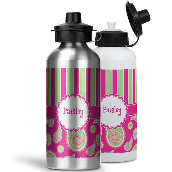 Pink & Green Paisley and Stripes Aluminum Water Bottles - MAIN (white &silver)