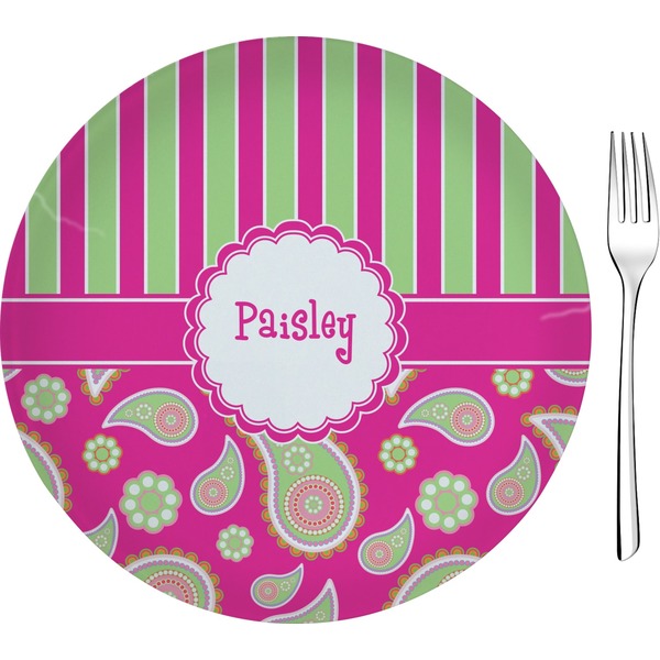Custom Pink & Green Paisley and Stripes 8" Glass Appetizer / Dessert Plates - Single or Set (Personalized)