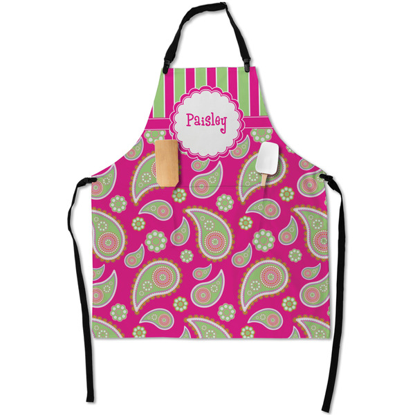 Custom Pink & Green Paisley and Stripes Apron With Pockets w/ Name or Text