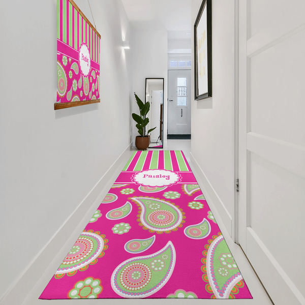 Pink & Green Paisley and Stripes Area Rug Sizes - In Context (vertical)