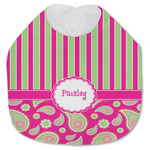 Pink & Green Paisley and Stripes Jersey Knit Baby Bib w/ Name or Text