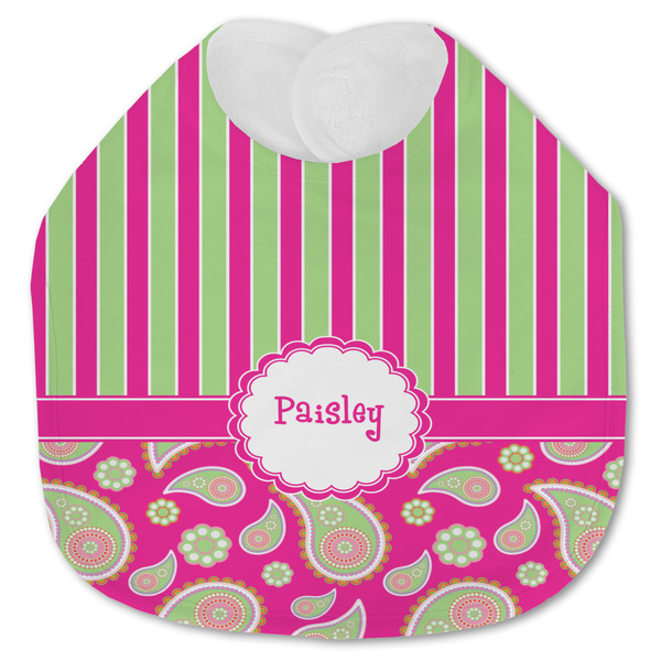 Custom Pink & Green Paisley and Stripes Jersey Knit Baby Bib w/ Name or Text