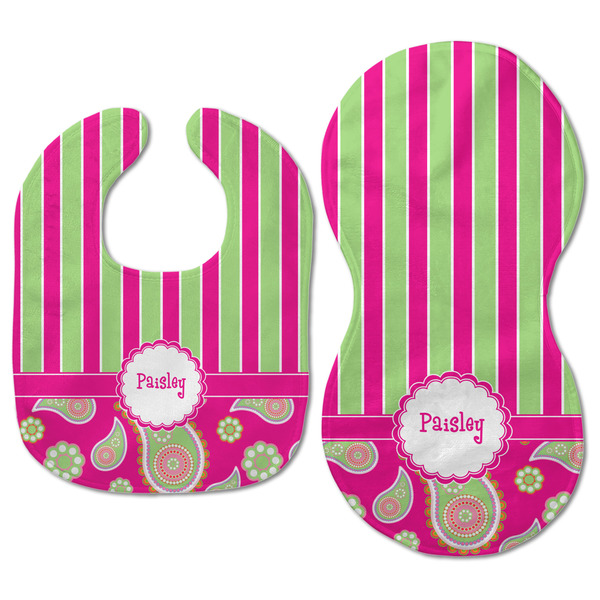 Pink & Green Paisley and Stripes Baby Bib & Burp Set - Approval (new bib & burp)