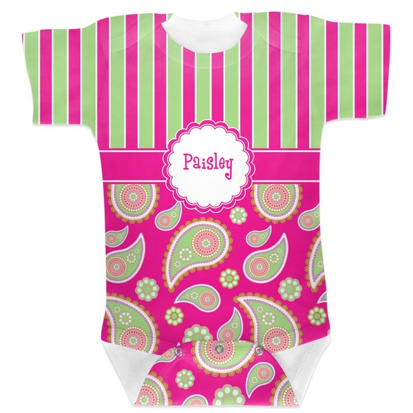 Custom Pink & Green Paisley and Stripes Baby Bodysuit 3-6 (Personalized)