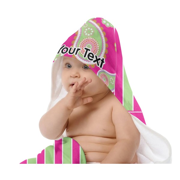 Pink & Green Paisley and Stripes Baby Hooded Towel on Child
