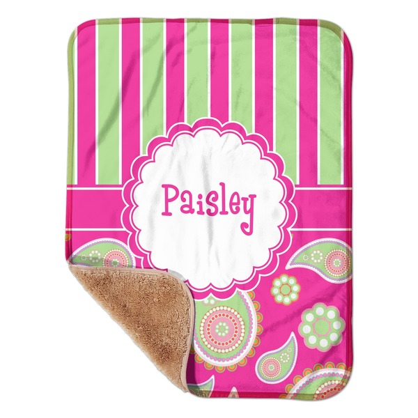 Custom Pink & Green Paisley and Stripes Sherpa Baby Blanket - 30" x 40" w/ Name or Text