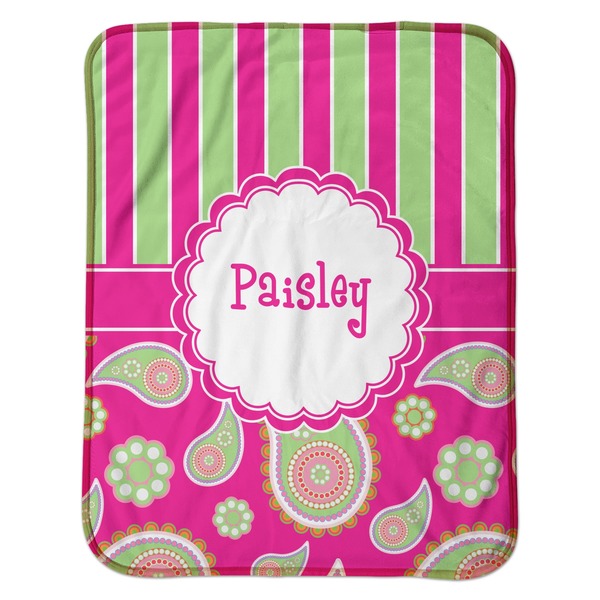 Pink & Green Paisley and Stripes Baby Sherpa Blanket - Flat