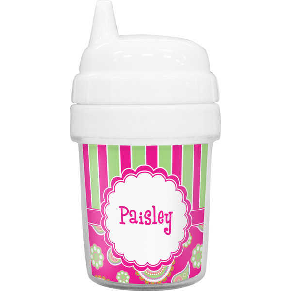 Custom Pink & Green Paisley and Stripes Baby Sippy Cup (Personalized)
