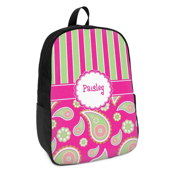 Custom Pink & Green Paisley and Stripes Kids Backpack (Personalized)