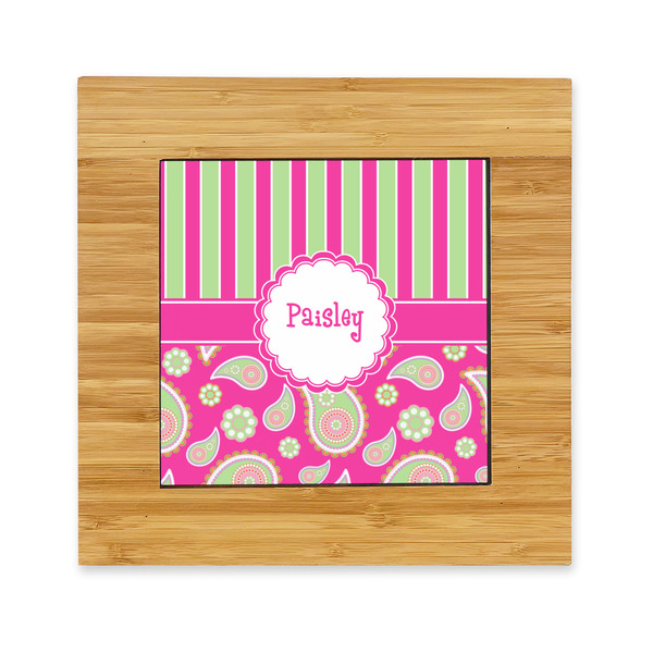 Custom Pink & Green Paisley and Stripes Bamboo Trivet with Ceramic Tile Insert (Personalized)