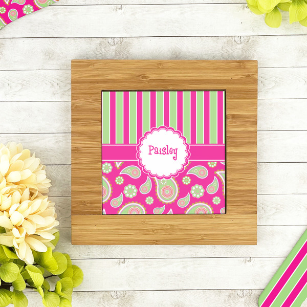 Pink & Green Paisley and Stripes Bamboo Trivet with 6" Tile - LIFESTYLE