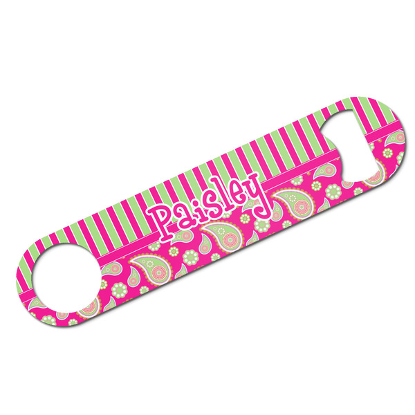 Custom Pink & Green Paisley and Stripes Bar Bottle Opener - White w/ Name or Text