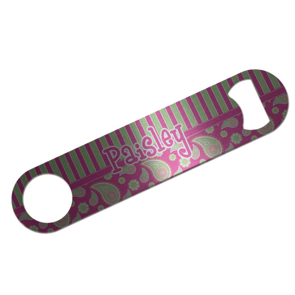 Custom Pink & Green Paisley and Stripes Bar Bottle Opener - Silver w/ Name or Text