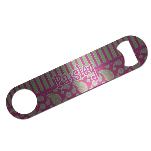 Pink & Green Paisley and Stripes Bar Opener - Silver - Front