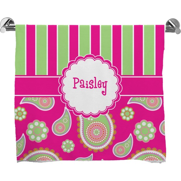 Custom Pink & Green Paisley and Stripes Bath Towel (Personalized)