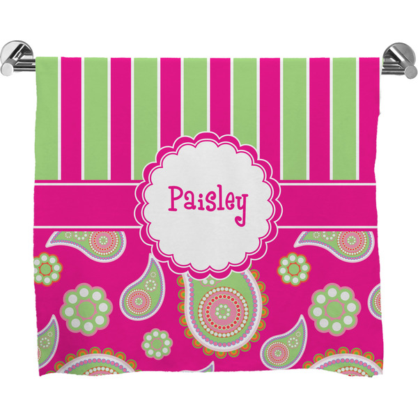 Custom Pink & Green Paisley and Stripes Bath Towel (Personalized)