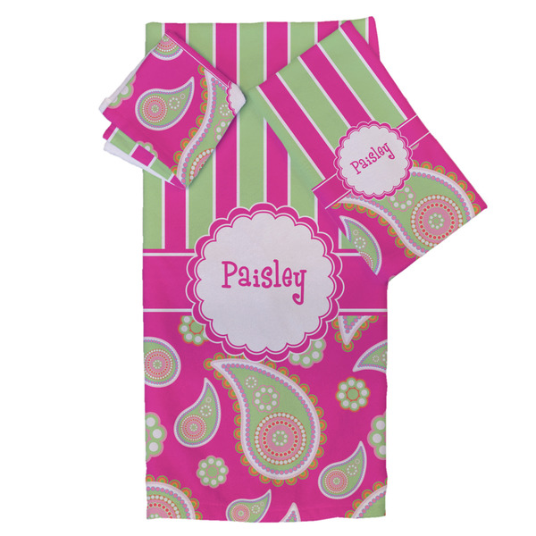 Custom Pink & Green Paisley and Stripes Bath Towel Set - 3 Pcs (Personalized)