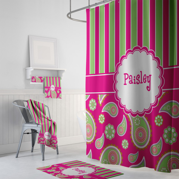 Pink & Green Paisley and Stripes Bath Towel Sets - 3-piece - In Context