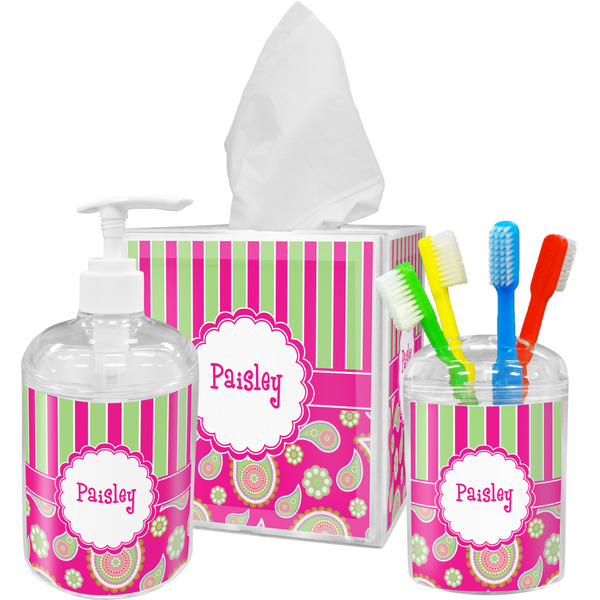 Pink & Green Paisley and Stripes Bathroom Accessories Set (Personalized)