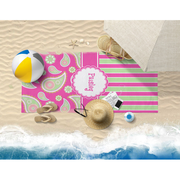 Pink & Green Paisley and Stripes Beach Towel Lifestyle