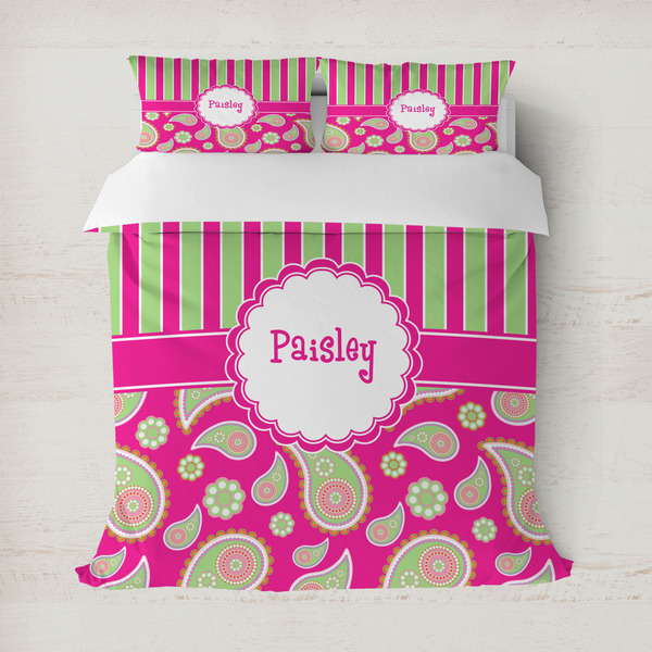Custom Pink & Green Paisley and Stripes Duvet Cover Set - Full / Queen (Personalized)