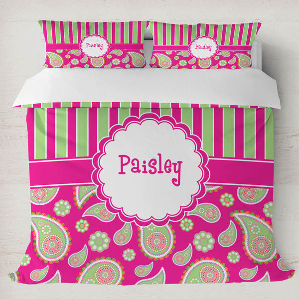 Custom Pink & Green Paisley and Stripes Duvet Cover Set - King (Personalized)