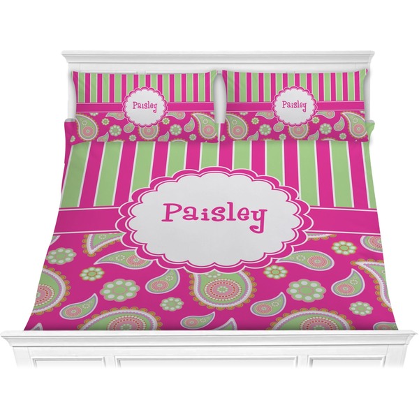 Custom Pink & Green Paisley and Stripes Comforter Set - King (Personalized)