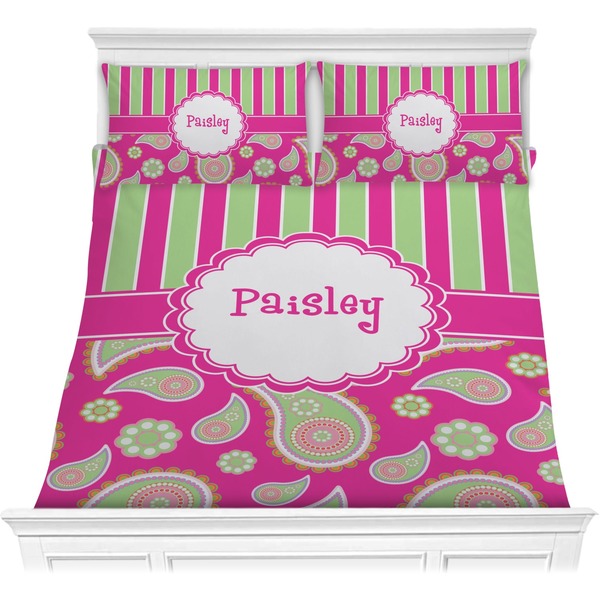 Custom Pink & Green Paisley and Stripes Comforter Set - Full / Queen (Personalized)