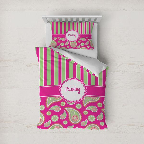 Custom Pink & Green Paisley and Stripes Duvet Cover Set - Twin (Personalized)