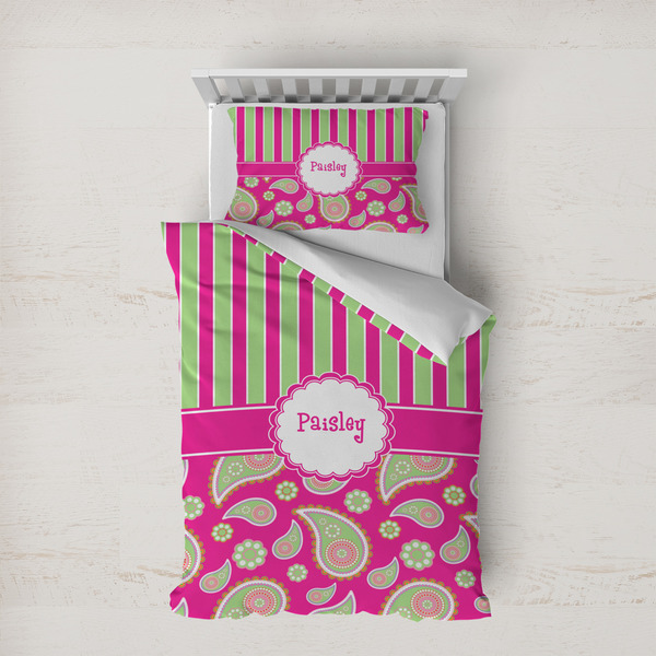 Custom Pink & Green Paisley and Stripes Duvet Cover Set - Twin XL (Personalized)
