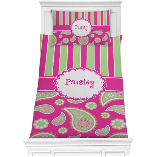 Custom Pink & Green Paisley and Stripes Comforter Set - Twin (Personalized)