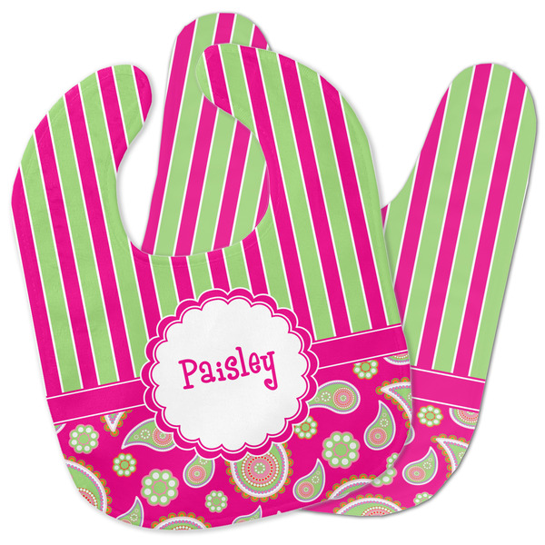 Custom Pink & Green Paisley and Stripes Baby Bib w/ Name or Text