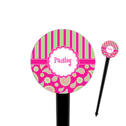 Pink & Green Paisley and Stripes 4" Round Plastic Food Picks - Black - Single Sided (Personalized)