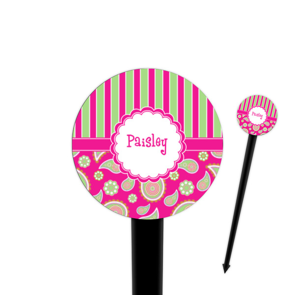 Custom Pink & Green Paisley and Stripes 4" Round Plastic Food Picks - Black - Double Sided (Personalized)
