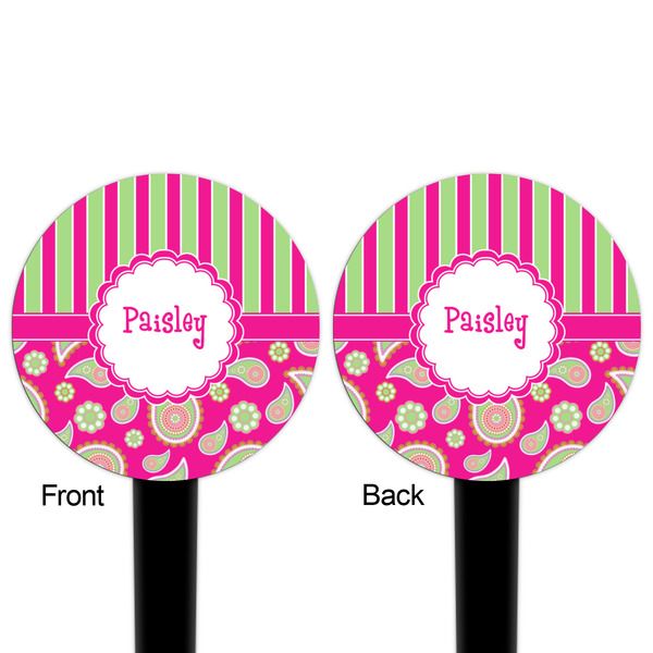 Pink & Green Paisley and Stripes Black Plastic 4" Food Pick - Round - Double Sided - Front & Back