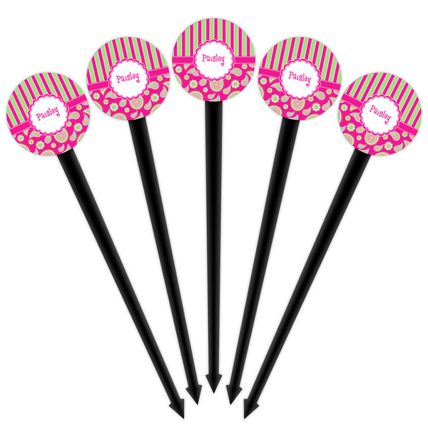 Pink & Green Paisley and Stripes Black Plastic 4" Food Pick - Round - Fan View