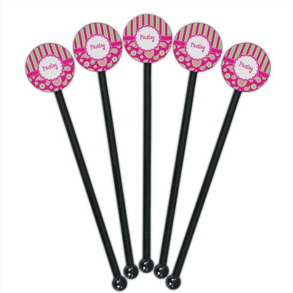 Pink & Green Paisley and Stripes Black Plastic 5.5" Stir Stick - Round - Fan View