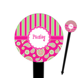 Pink & Green Paisley and Stripes 6" Round Plastic Food Picks - Black - Single Sided (Personalized)