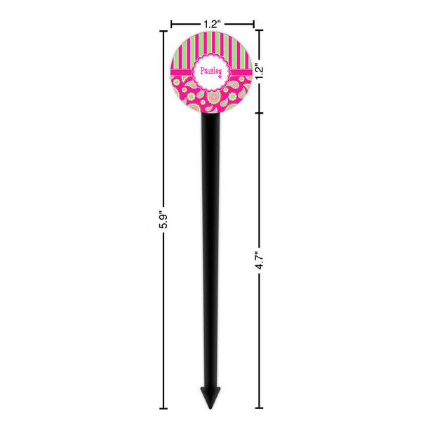 Pink & Green Paisley and Stripes Black Plastic 6" Food Pick - Round - Dimensions