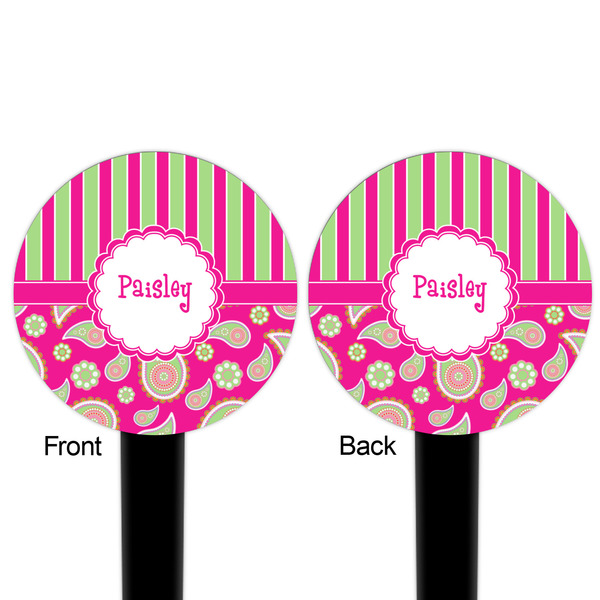 Pink & Green Paisley and Stripes Black Plastic 6" Food Pick - Round - Double Sided - Front & Back