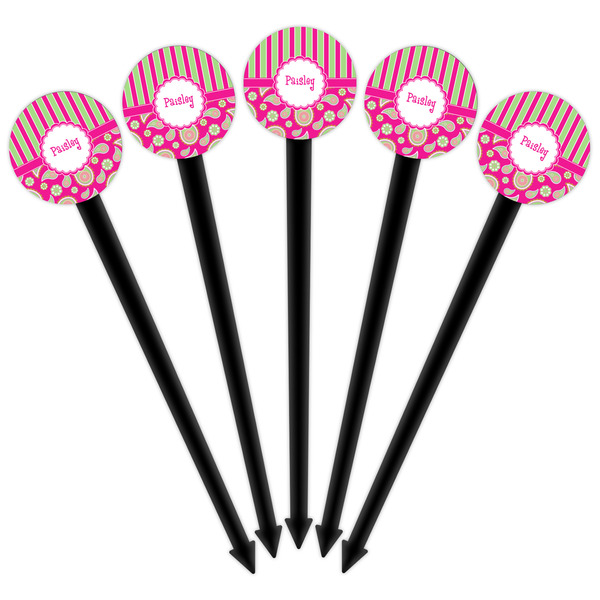Pink & Green Paisley and Stripes Black Plastic 6" Food Pick - Round - Fan View