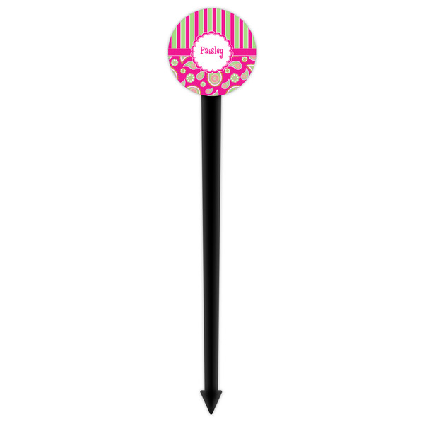 Pink & Green Paisley and Stripes Black Plastic 6" Food Pick - Round - Single Pick