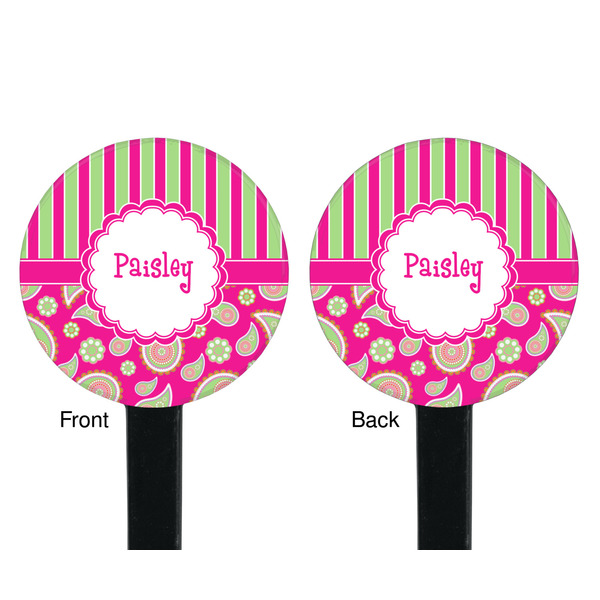 Pink & Green Paisley and Stripes Black Plastic 7" Stir Stick - Double Sided - Round - Front & Back