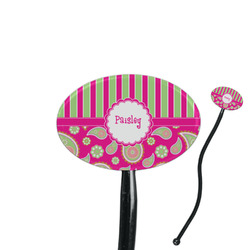 Pink & Green Paisley and Stripes 7" Oval Plastic Stir Sticks - Black - Single Sided (Personalized)