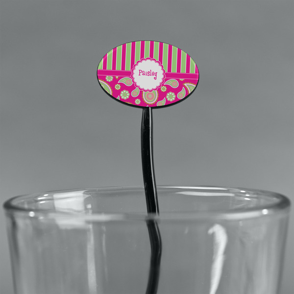 Pink & Green Paisley and Stripes Black Plastic 7" Stir Stick - Oval - Main